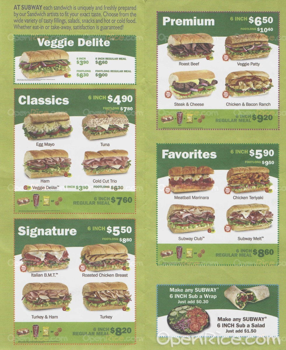 Subway Menu - American Burgers and Sandwiches Fast Food in Woodlands[[  ]]{{Landmark}}[[]] Singapore | OpenRice Singapore