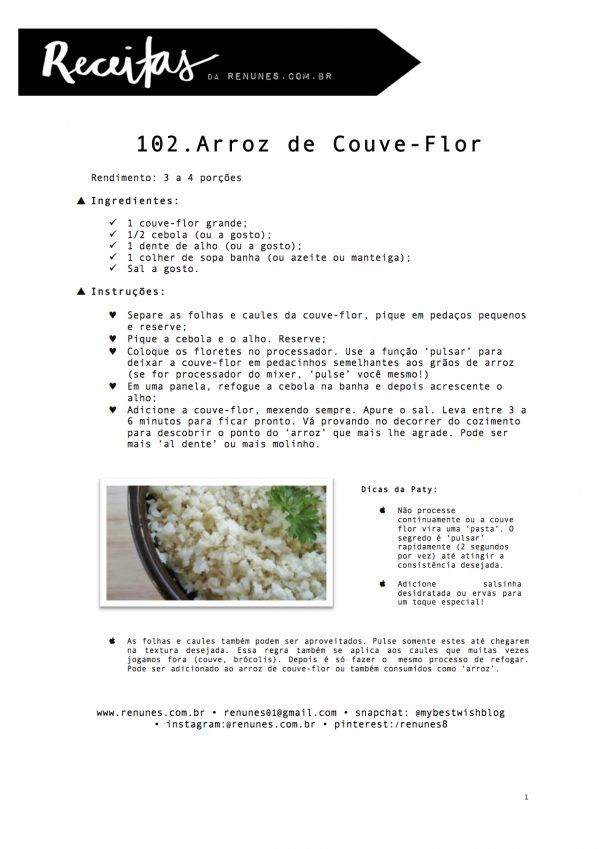 Receita Low Carb: Arroz de Couve-flor! - Re Nunes | Receitas para dieta,  Dieta simples para emagrecer, Dieta saudável para emagrecer - dieta mayra cardi cardapio pdf
