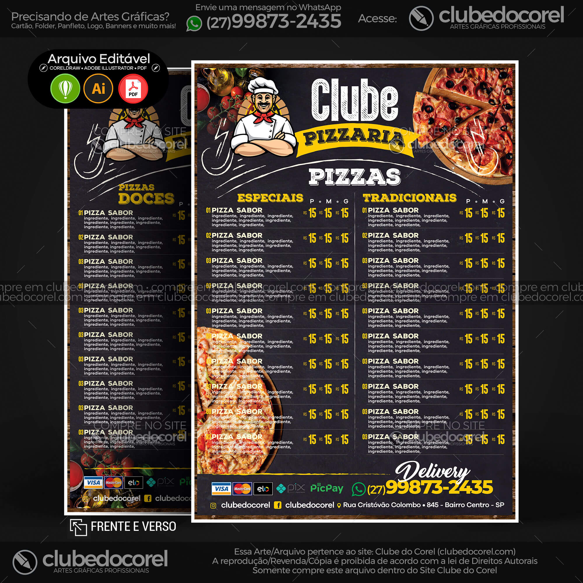 Cardápio Pizzaria - Pizza e Hamburguer (Lanche) - Modelo pronto Editável  #01 [CDR AI PDF] | Clube do Corel - cardapio pizzaria