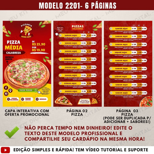 Cardápio Para Pizzaria - Digital & 100% Editável + Bônus | MercadoLivre - cardapio pizzaria
