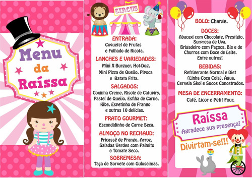 10 Menu Cardápio Infantil Circo Rosa- Personalizado | Parcelamento sem juros - cardapio festa infantil