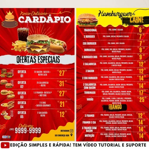Cardápio Lanchonete/hamburgueria | Menu 100% Editável+ Bônus | Meu Kit  Digital - cardapio de lanchonete