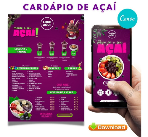 Cardápio Açaí Editável - Digital E Pronto P/imprimir + Bônus | MercadoLivre - cardapio açai