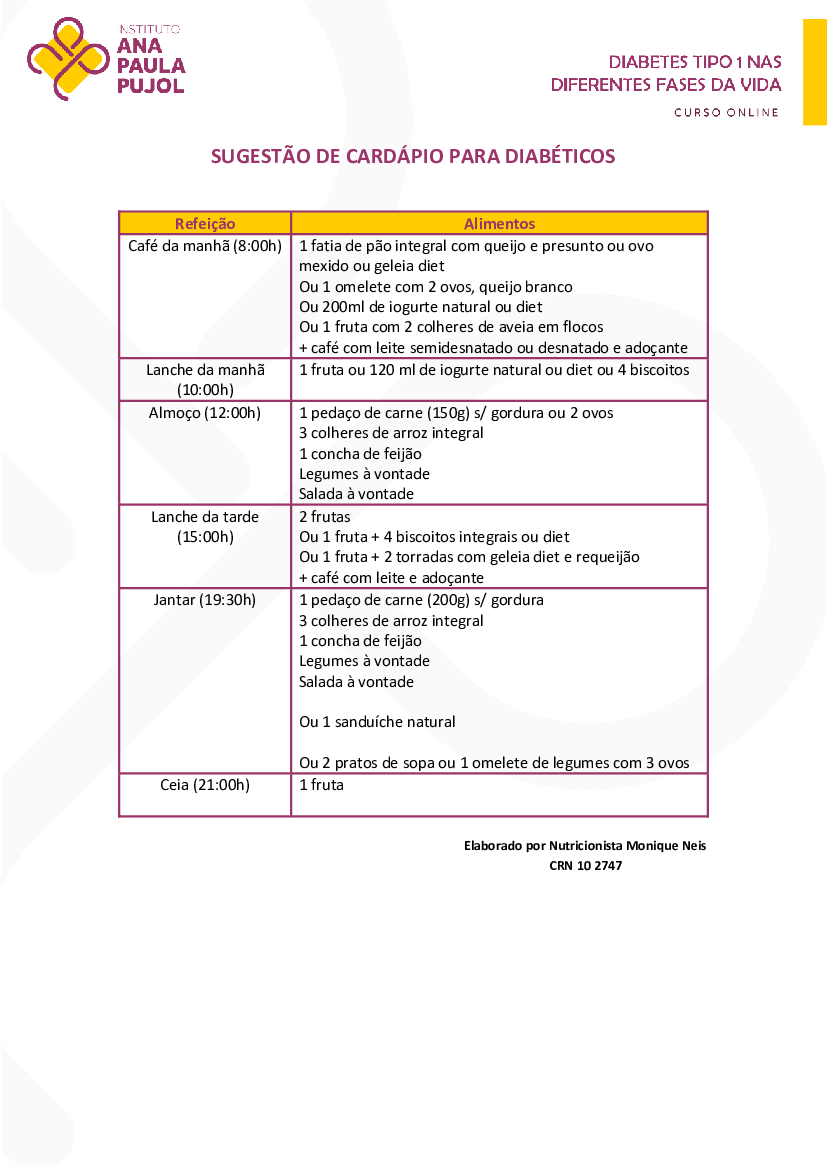Sugestão de cardápio para Diabetes Mellitus - Baixar pdf de Doceru.com - cardápio para diabéticos tipo 2