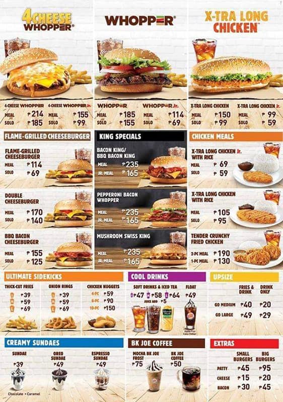 Menu of Burger King, Ortigas, Pasig City - cardápio burger king