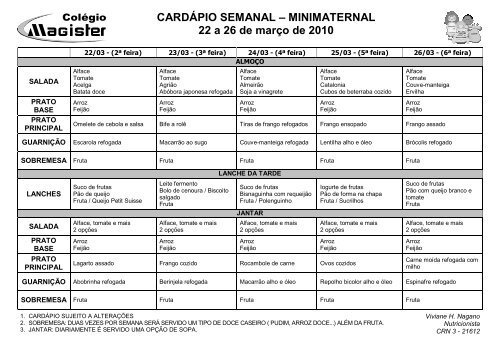 Cardápio Semanal - Mini - 22-03 à 16-04 - Ning - cardápio semanal simples caseiro