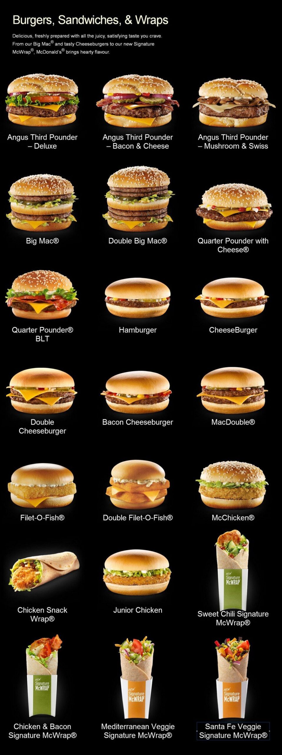 McDonald's Menus - Burgers & Wraps | Mcdonalds food menu, Fair food  recipes, Fast food menu - cardápio mcdonald's