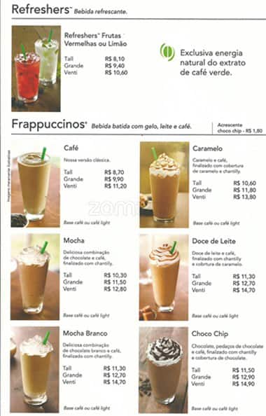 Menu of Starbucks Coffee, Moema, São Paulo - cardapio starbucks