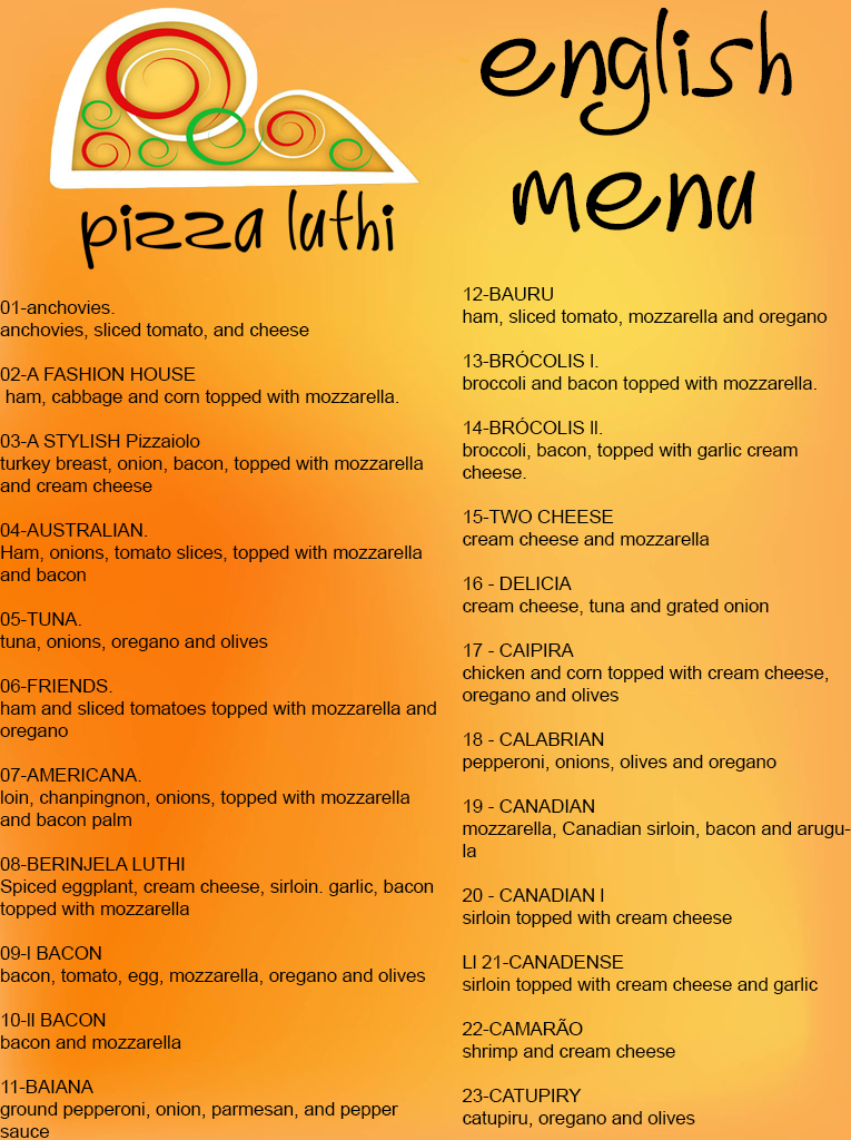 Pizza Luthi: Cardápio em inglês - cardapio em ingles