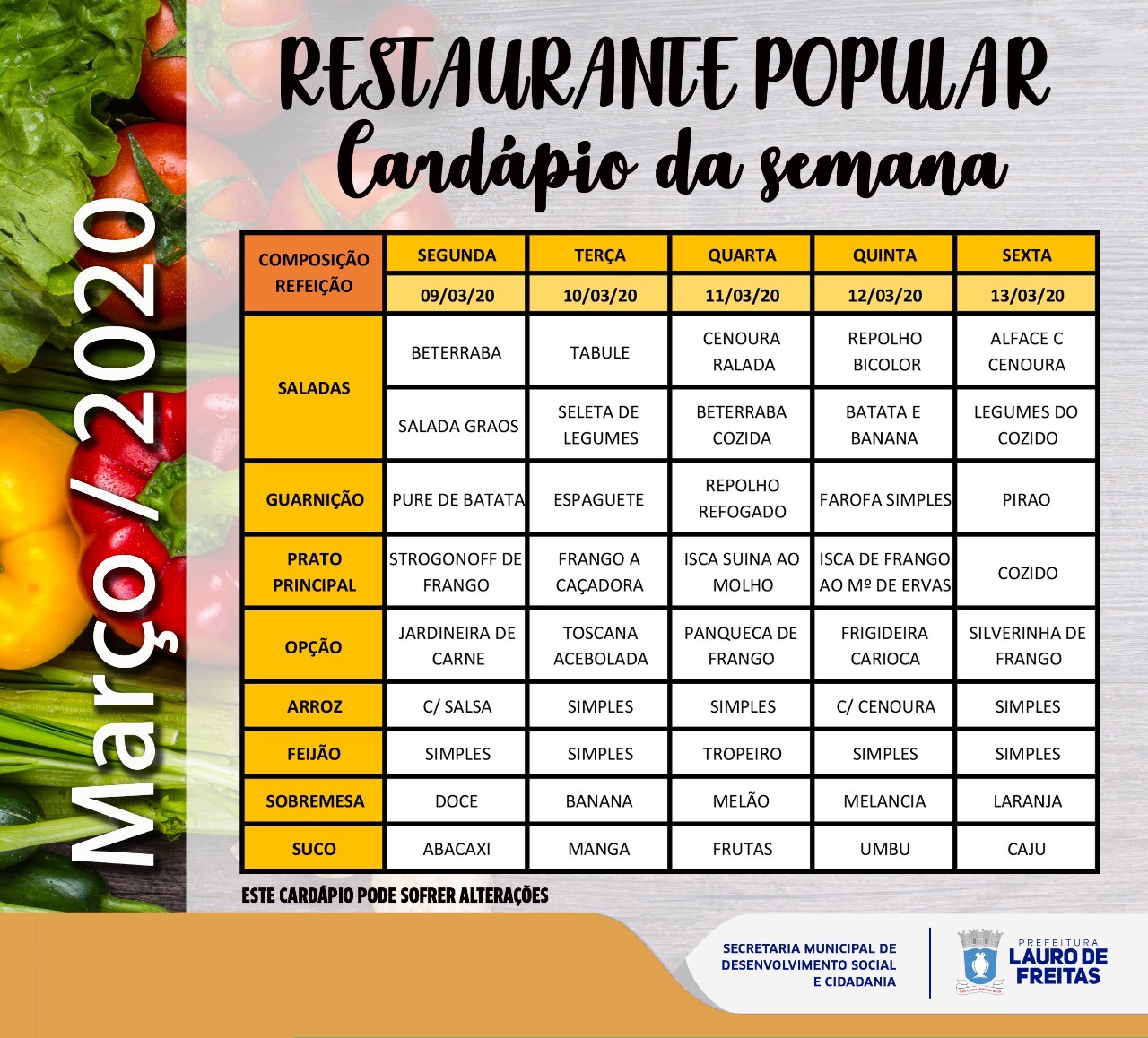 Confira o cardápio do Restaurante Popular e Cozinha Comunitária desta  semana; que oferecem comida de qualidade! – LF News - cardapio restaurante comunitario