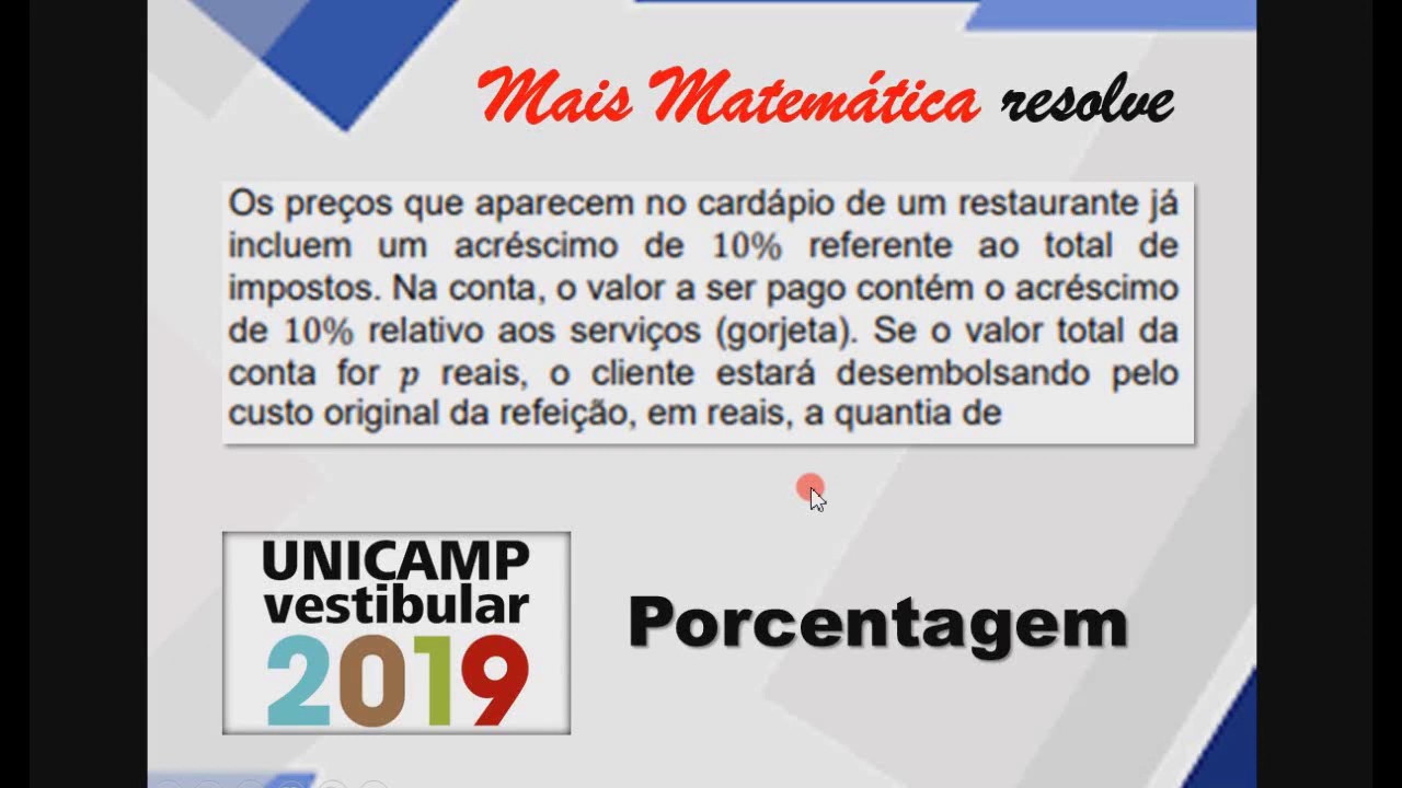 Unicamp 2019 - Porcentagem - Os preços que aparecem no cardápio de um  restaurante - YouTube - cardapio unicamp
