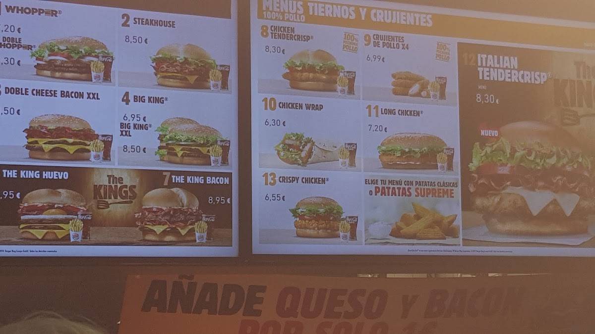 Menu at Burger King fast food, Madrid, C. de Caleruega