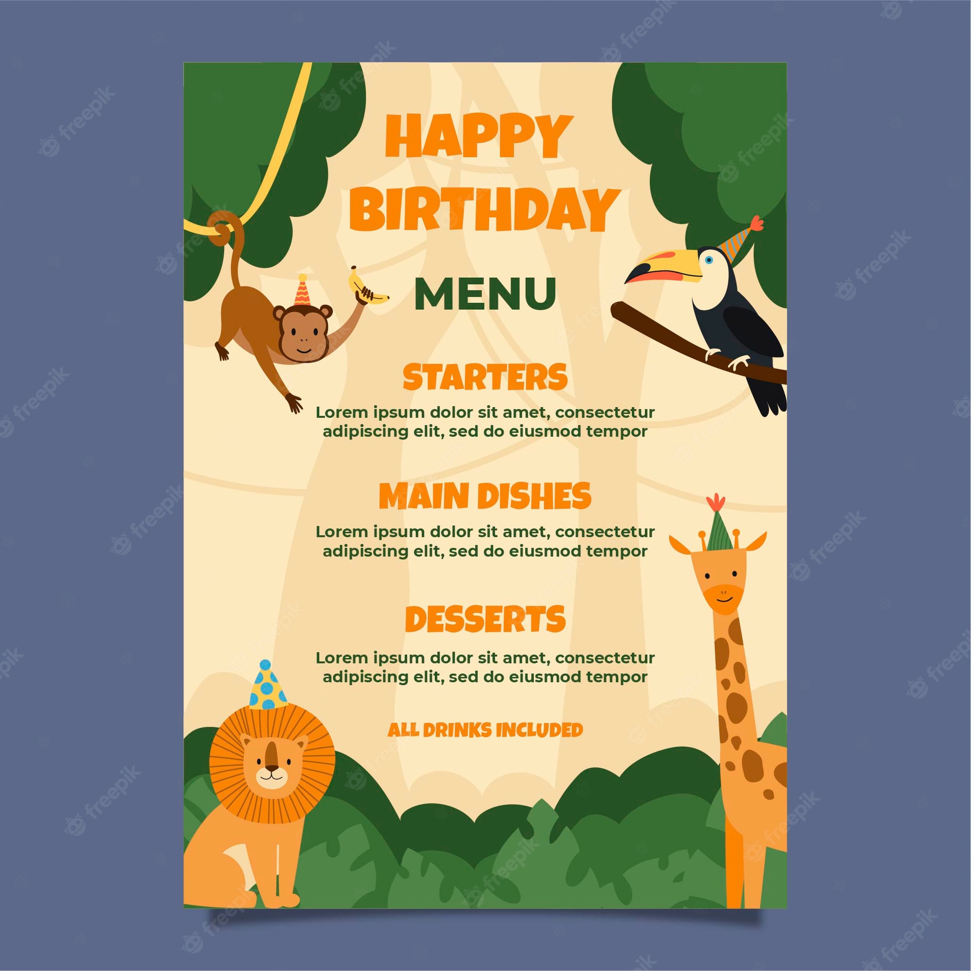 Modelo de menu de festa de aniversário infantil de selva plana | Vetor  Grátis