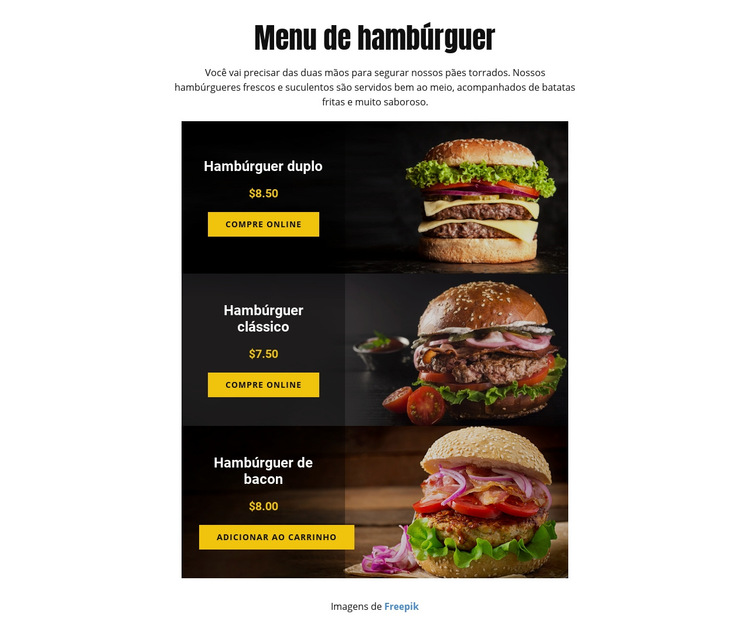 Menu de hambúrguer Modelo de site