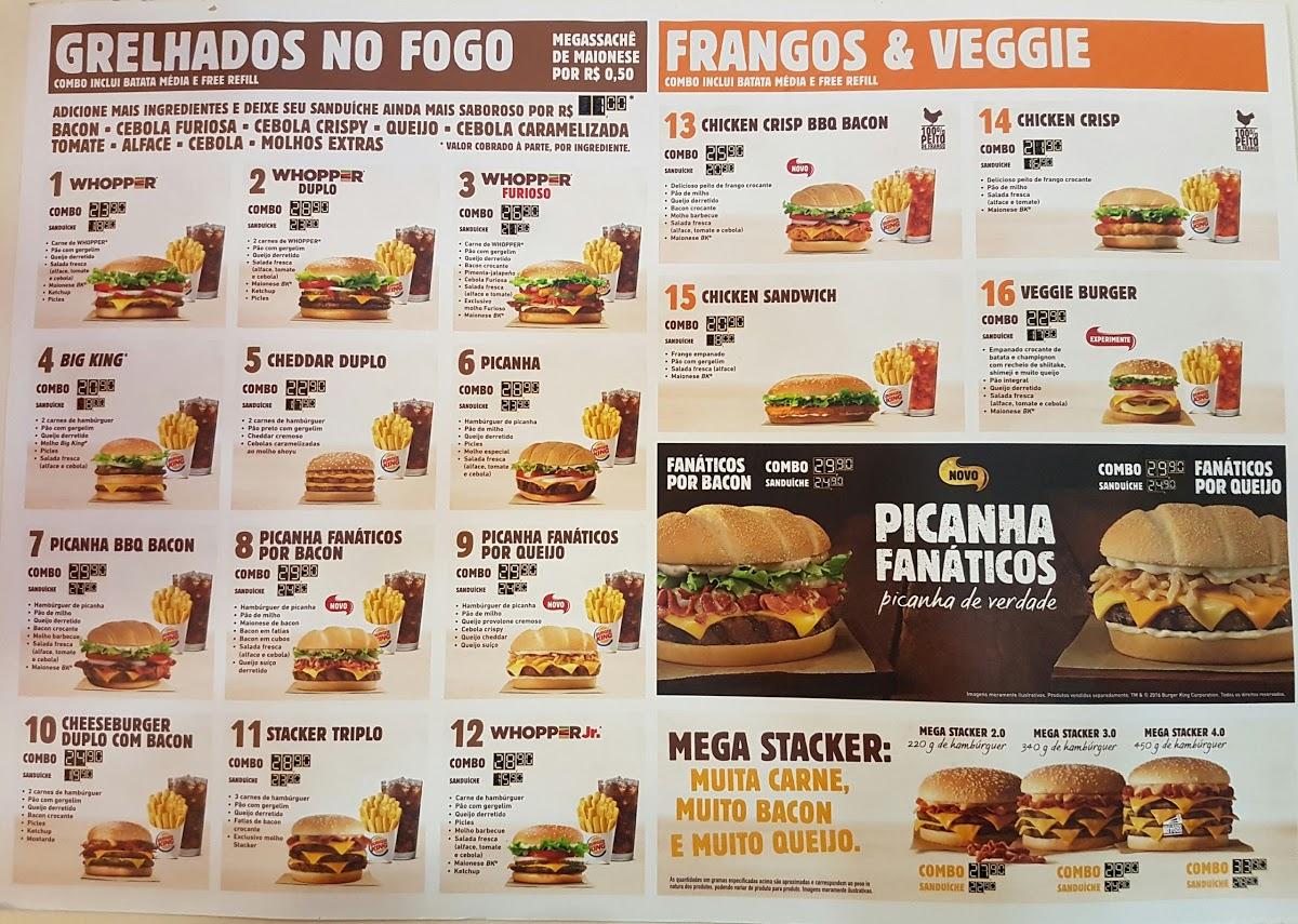 Menu at Burger King restaurant, Santos, Av. Ana Costa, 465
